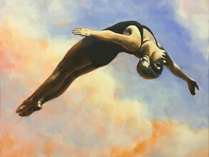 Illustration of a woman joyfully jumping in the clouds, conveying a sense of freedom.