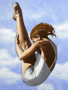 Photo art of a woman diving, surrounded by clouds and sunlight.