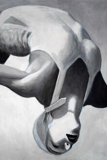 Black and white illustration of a diving woman with a nostalgic feel