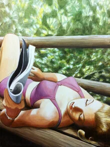 Illustration of a woman reading peacefully on a bench in the sunshine.