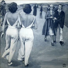 Illustration by Sarah Morrissette: two women in white walking outdoors