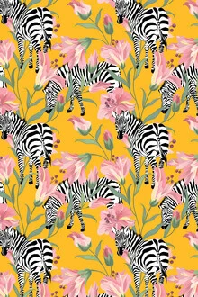 Vibrant illustration by Uma Gokhale featuring a striped zebra in a lush jungle filled with plants.