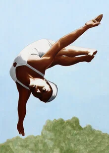 Wall art by Sarah Morrissette: a woman diving above treetops