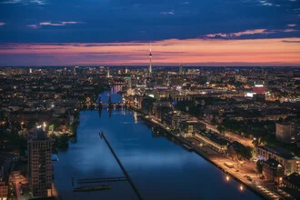 Photo art: Berlin skyline at blue hour over the Spree River.
