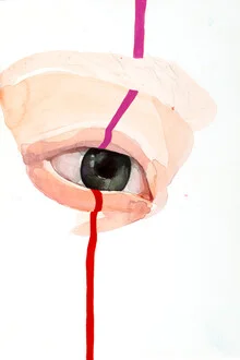 Wall art in soft gray tones featuring a pink and blue eye by Sophia Novosel.