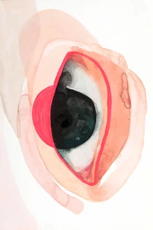 Wall art featuring a soft, watercolored eye in neon colors, gazing at the viewer.