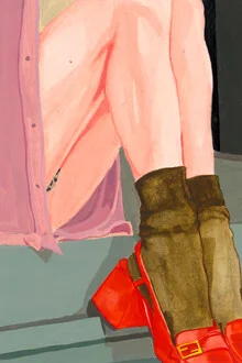 Illustration of a waiting girl in red shoes, soft colors, and playful style.