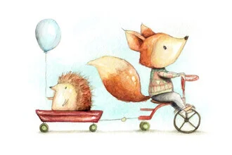 Wall art by Mike Koubou: hedgehog and fox on a bicycle with balloon.