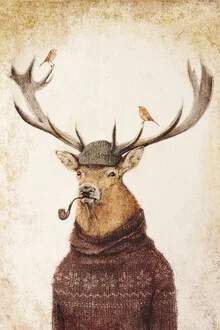 Wall art by Mike Koubou: a deer with a pipe in a nostalgic style