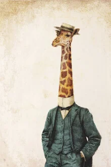Wandbild eines stilvollen Gentlemans mit Giraffen im Vintage-Stil.
