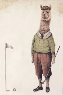 Wall art by Mike Koubou: cheerful alpaca golfers on the course