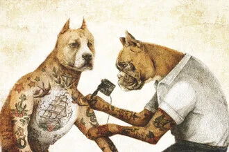 Wall art by Mike Koubou: a tattoo artist with a boxer and pitbull in calming colors.