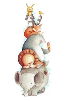 Wall art by Mike Koubou featuring cheerful animals in soft colors