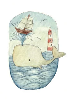Illustration of a cute whale swimming gently in the sea.