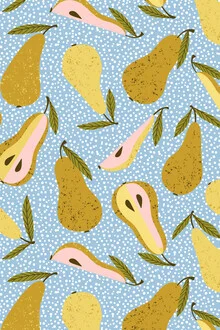 Wall art by Uma Gokhale: colorful, minimalist illustration of pears.