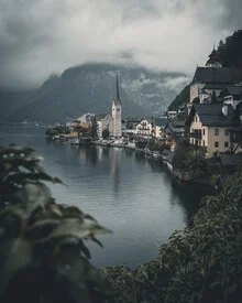 Photo art by Franz Sussbauer: atmospheric view of a village by Lake Hallstatt.