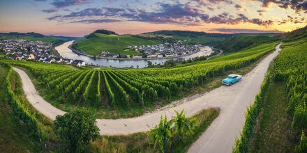 Photo art by Jean Claude Castor: Mosel river curve at sunset featuring a Chevy Bel Air.