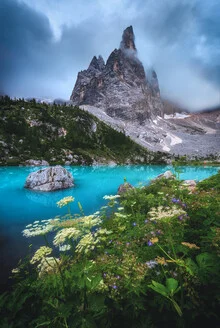 Photo art by Jean Claude Castor: serene mountain lake in soft blue tones