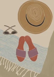 Wandbild mit Accessoires am Strand: Sonnenbrille, Hut und Schuhe in sanften Farben