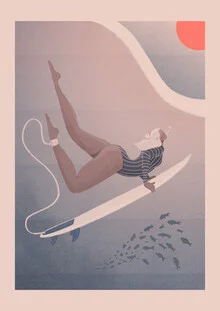 Wandbild von Veronika Grenzebach: Frau mit Surfboard im blauen Ozean