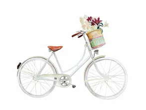 Illustration of a bike with colorful flowers in the basket, friendly and inviting.