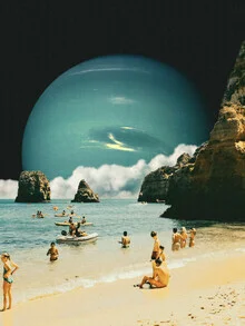 Wall art featuring a surreal beach scene with clouds in space, evoking a calm summer mood
