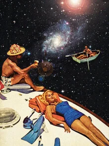 Wall art depicting a surreal boat party in space under a starry sky.