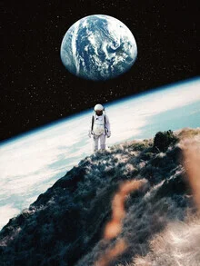 Illustration of a lonely astronaut in space with Earth in the background.