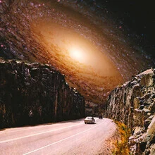 Surreal illustration featuring cars on an intergalactic highway in shades of orange