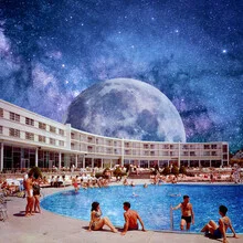 Wall art depicting a cheerful pool party in space with colorful people and stars.