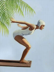 Wall art featuring a diver surrounded by palm leaves, evoking a calm summer vibe.