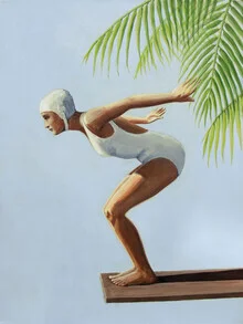 Illustration by Sarah Morrissette: swimmer with palm in a light blue background