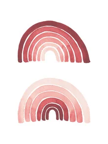 Wandbild mit einem fröhlichen Mädchen unter einem Regenbogen in sanften Rosa- und Gelbtönen.
