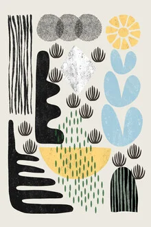 Abstrakte Illustration von Cats and Dotz: sanfte Formen und Pflanzenstrukturen.