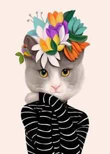 Illustration einer Katze mit Blumen, die eine freundliche und ruhige Stimmung vermittelt.