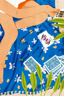Illustration by Uma Gokhale: relaxed scene with playing cards at the beach