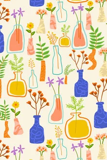 Illustration by Uma Gokhale: colorful plant pots in a modern garden arrangement
