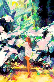 Wall art by Uma Gokhale: Woman in a vibrant tropical garden