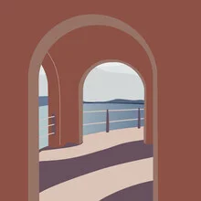 Illustration von Genna Campton: sanfte Landschaft mit einem Leuchtturm und Bergen