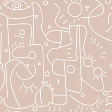 Wall art featuring geometric patterns in white on pink, relaxed vibe.