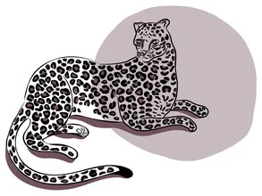 Hand-drawn illustration of a purple leopard in a jungle setting.