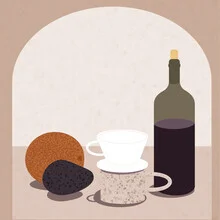 Wall art by Genna Campton: still life with avocado, coffee, and wine in a calm setting