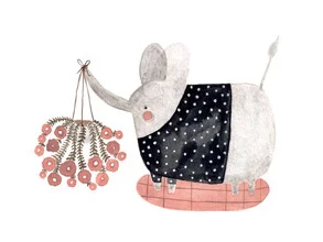 Illustration of an elephant with colorful flowers in the background
