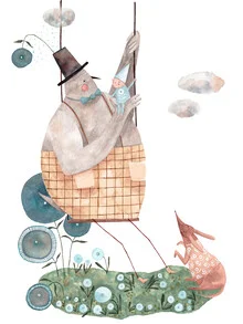Illustration by Claudia Voglhuber: friendly dog and bird in a children's room style