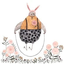 Illustration von Claudia Voglhuber: fröhliches Seilspringen im Frühling mit bunten Pflanzen.