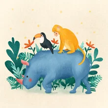 Wall art by Monika Szczerbinska: jungle scene featuring a rhino and a monkey