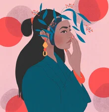 Wall art by Veronika Grenzebach: a woman with flowers on her face, soft colors, dreamy mood.