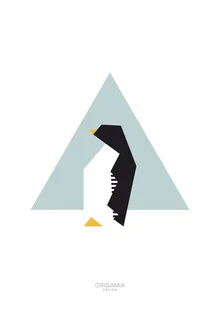 Illustration of a penguin in origami style, soft colors, and minimalist composition.