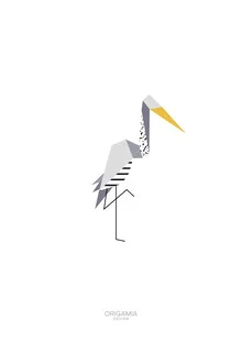 Illustration eines Storchs in minimalistischer Origami-Form, sanfte Farben und ruhige Stimmung.