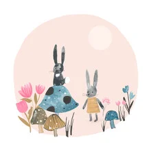 Wall art featuring a group of bunnies in a meadow during spring.